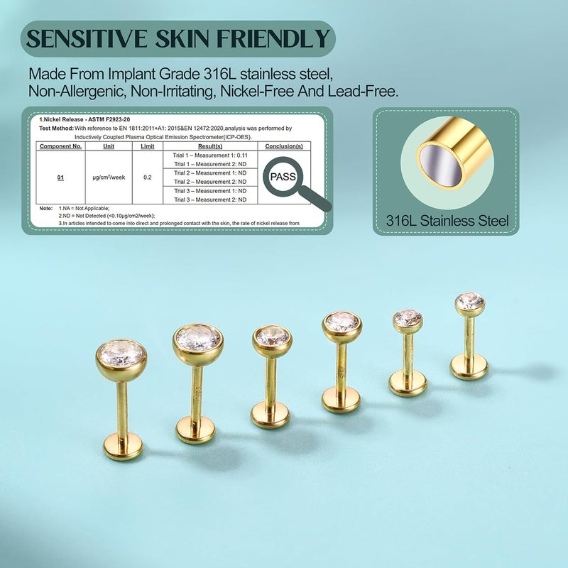 GEMQUEEN Flat Back Earrings Stud : 14K Gold Filled Titanium Surgical Steel Earrings Hypoallergenic for Women Men 16G 18G Cartilage Helix Tragus Conch Medusa Piercing Jewelry Dainty Earring Set 3 Pairs - Image 5
